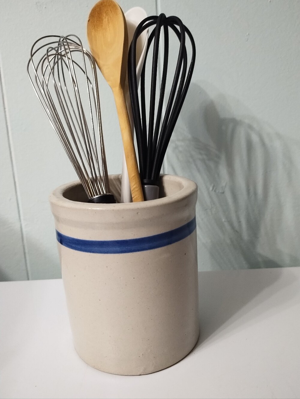 Vintage Salt-glazed Stoneware Utensil Crock with Blue Band